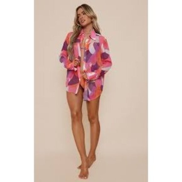 PrettyLittleThing Tops - PrettyLittleThing Pink Abstract Print Women Long Sleeve ButtonUp Oversized Shirt